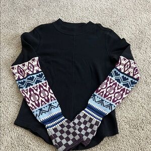 We The Free Black waffle Top with Patterned Multi-Color Knit Sleeves
